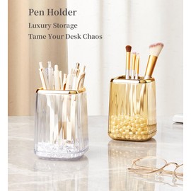 Yoohailor Acrylic Pen Holder, Cute Clear Desk Organizer for Pencils, Makeup Brushes Toothbrushes Storage Cup with Striped Design for Vanity Bathroom