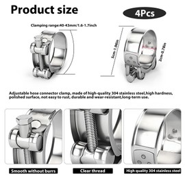 LOMUG Pack of 4 Joint Bolt Clamps, Stainless Steel, 40-43 mm, Adjustable Hose Clamps, Universal Exhaust Clamp, Pipe Connector for Pool, Washing Machine, Petrol Hose, Pond, Garden