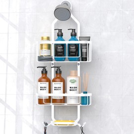 Kadolina Bathroom Hanging Shower Caddy, Over Head Shower Caddy Organizer Basket with Hooks for Towels, Razor and Sponge, White