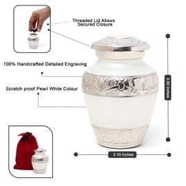 THE ASCENT MEMORIAL Pearl White Mini Urn for Human Ashes | Serenity Funeral Ash Storage Box | Velvet Pouch | Paper Funnel | Gift Box | Beautifully Hand Engraved Sacred Remains Containers Small