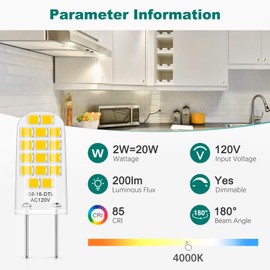 DiCUNO G8 LED Bulb Dimmable, Equivalent to G8 Halogen Bulb 20W, Natural White 4000K, 2W, 120V, T4 JCD Type Bi-Pin Base Light Replacements for Under Cabinet, Puck Light, 10-Pack
