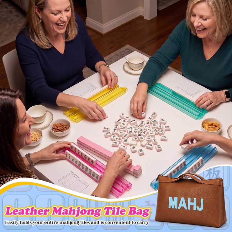 Tallew Leather Mahjong Tile Bag with Zipper Handle Lining Mahjong