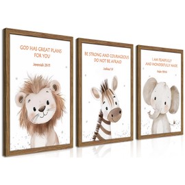 Dytila Framed 3 Piece Christian Nursery Wall Decor, Jungle Themed Nursery Decor, Safari Baby Boy Room Wall Art, Animal Pictures Canvas Prints, Elephant Lions Zebra Paintings Kids Artwork 8x10 inch