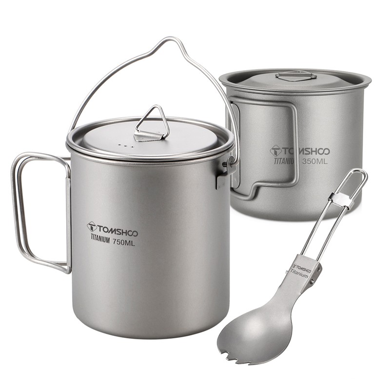 TOMSHOO Lightweight Titanium 3 Pieces Set Titanium 750ml Pot 350ml
