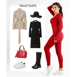 Popilush Red Jumpsuits for Women Long Sleeve Built-In Bra Square Neck Full Length Leggings Bodycon Stretch Workout Outfits