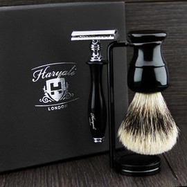 Shaving Gift Set with Silver Tip Badger Hair Shaving Brush, Black Colour men Double Stand for Razor & Brush along; De Shaving Razor.