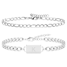 2PCS Initial Letter Stainless Steel Bracelet, A-Z Letter Pendant Cuban Figaro Link Chain for Men Women Jewelry Set Silver K