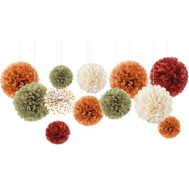 NICROLANDEE Fall Party Decorations, 12 PCS Pumpkin Orange Burgundy Sage Green Ivory Tissue Pom Poms Thanksgiving Decor for Home, Wedding, Birthday, Autumn Harvest Party Supplies