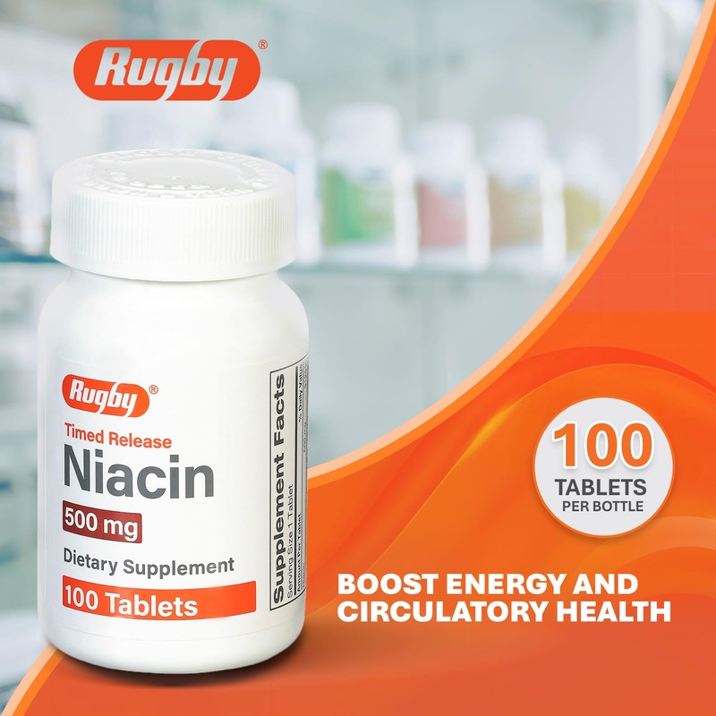 Rugby Timed-Release Niacin 500mg with 28mg Calcium, Dietary Supplement for