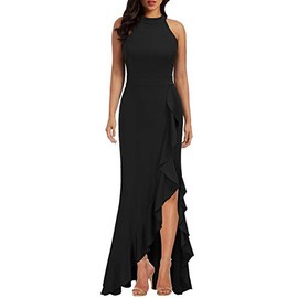WOOSEA Women's High Neck Split Bodycon Mermaid Evening Cocktail Long Dress Black