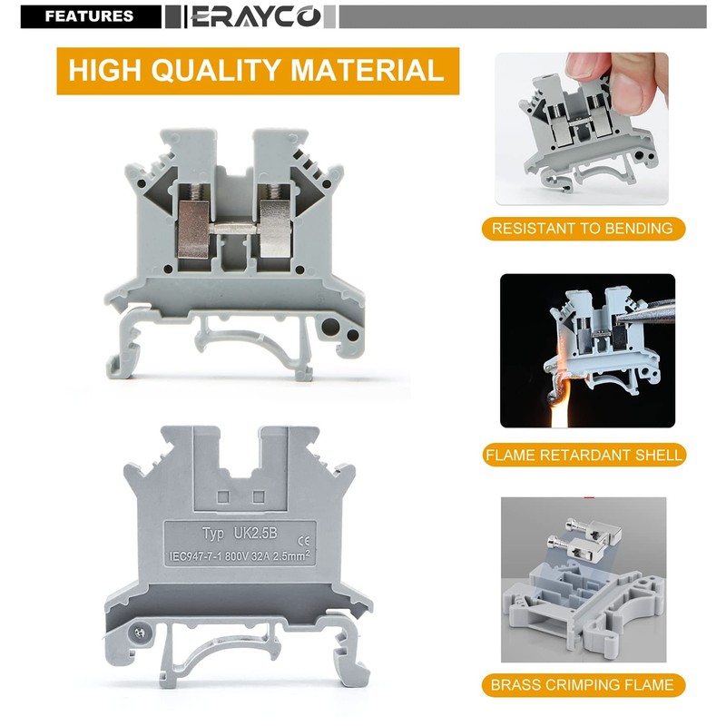 Erayco UK2.5B-GR DIN Rail Terminal Block, Screw Clamp, 600V 20A