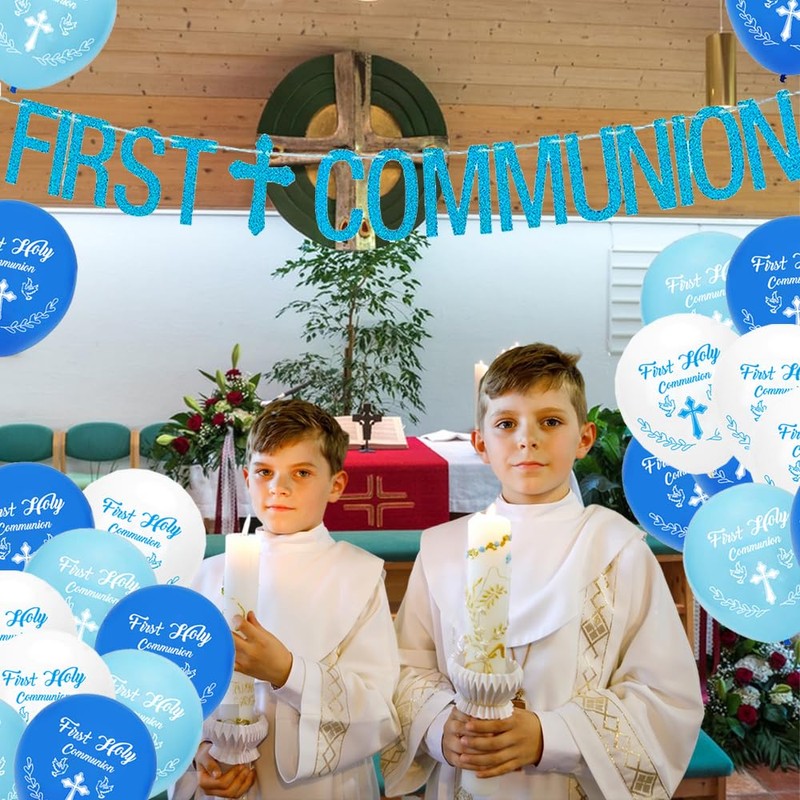 Volsha Blue First Communion Decorations: Boy Pennant & 12 Balloons
