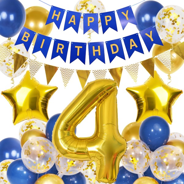 Douvelue 4th Birthday Decorations Boys, Navy Blue Gold Balloons and