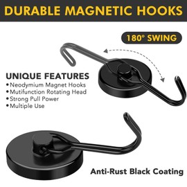 MIKEDE Black Magnetic Hooks Heavy Duty, 120LB Swivel Swing Strong Magnetic Hooks Cruise,Neodymium Hook Magnets for Hanging, Home, Workplace, Metal Door, Office and Garage - Pack of 4