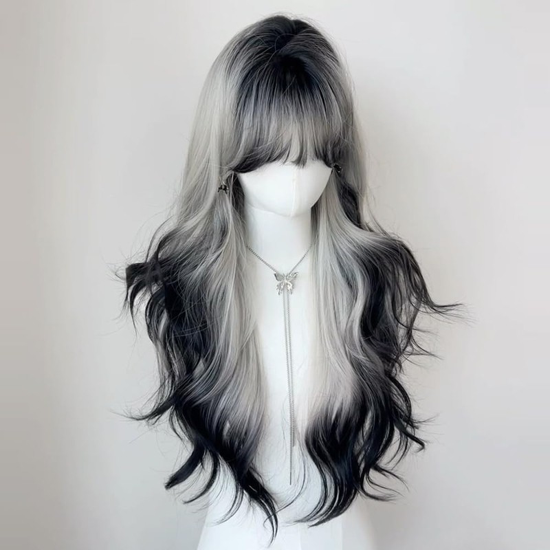 TTYAO REII Gray Black Gradient Wig Women Long Wavy Wig