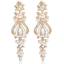Women's Wedding Bridal Crystal Rhinestone Simulated Pearl Multi Beaded Cluster Floral Chandelier Dangle Earrings Gold for Party Prom Bride Bridesmaids