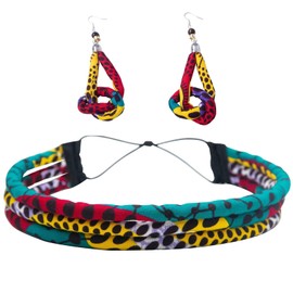 BintaRealWax Women's African Cotton Printed Turban Earrings Set Three Strand Rope Adjustable Hairband Earrings 3PS