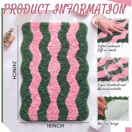 Nuanchu Cute Scalloped Bathroom Rug, Plush Tufted Absorbent Soft Wave Striped Bath Mat 24"x16", Non-Slip Washable Floor Carpet for Bathroom Bedroom Kitchen(Pink & Sage Green)