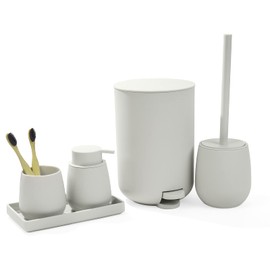 GAHEFY Small Beige White Bathroom Accessories Set with Mini Trash Can 3 Liter/0.8 Gallon,Toothbrush Holder,Soap Dispenser,Vanity Tray,Toilet Brush and Holder (Beige White 5pcs)
