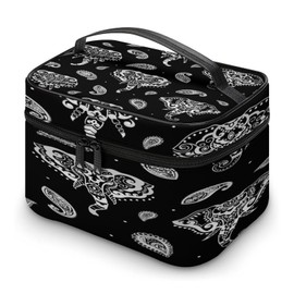 Xmkltbz Large Women Wash Bag, Cosmetic Organizer Train Toiletry Storage Case Holder Zipper Makeup Bag Pouch 9.8x7.5x5.9 in Print Silver White Aztec Tattoo Tribal Ornament Elephants on Dark