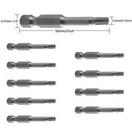 Pack of 10 T20 Torx Bit 50 mm Long, 1/4 Inch Hex Shank Long Torx Bit Set, S2 Steel, Screwdriver Set