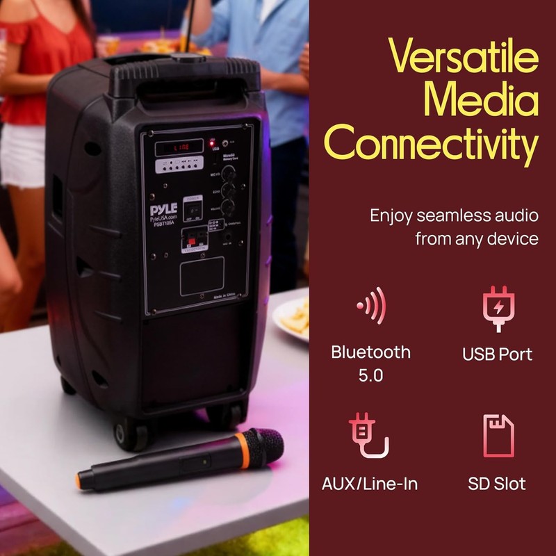 Pyle PSBT105A - 1000W Portable Bluetooth PA Speaker, 10'' Subwoofer,