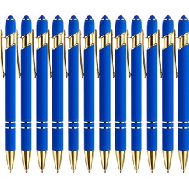 LINFANC 12 Pack Blue Gold Ballpoint Pen with Stylus Tip, 1.0 mm Black Ink Smooth Writing Pens, Metal Stylus Pens for Touch Screens