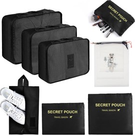 Wirvyuer Suitcase Organiser Set 7-Piece Travel Clothes Bags Waterproof Storage Bag Packing Cube Packing Bag Travel Bag Suitcase Organiser Packing Cubes Set for Suitcases on Holiday Black