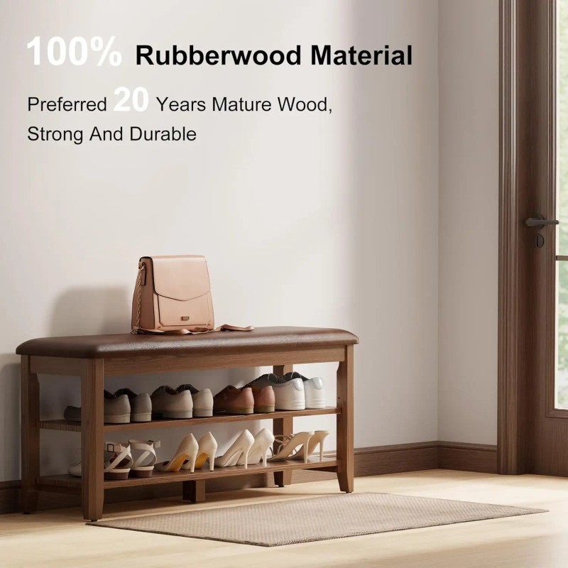 Wood 2-Tier Rectangular Shoe Rack Bench with Leather Cushion for