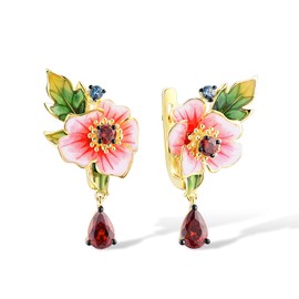 Santuzza Peony Pink Flower Earrings 925 Sterling Silver Garnet Enamel Leaf Floral Dangle Earrings for Women