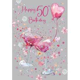 Cherry Orchard | 50th Birthday Card for Her | Pink Cocktail Glasses & Flowers | Shiny Gold Foil Text & Details | Complete with Envelope