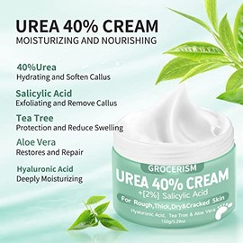 Crema de urea 40 por ciento para pies más 2 % de ácido salicílico 5.29 oz || Crema para Pies y Crema para Manos Fuerza Máxima con Ácido Hialurónico, Árbol de Té y Aloe Vera para Hidratar Profundamente, Quitar Callos y Suavizar