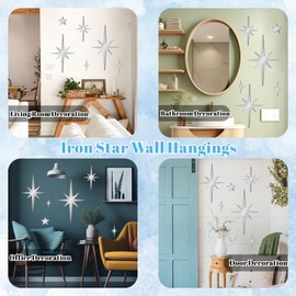 6 PCS Mid Century Modern Decor Cast Iron Star Metal Wall Art Atomic Stars Wall Hangings Sculptures Retro Starburst Decoration for Bedroom Bathroom Living Room Indoor Outdoor Home Accents (Silver)