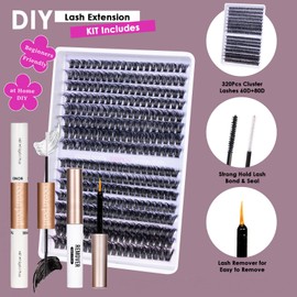 3D Thick Lash Extension Kit 320 Pcs Fluffy Lash Clusters 60D+80D 10-16mm Eyelash Extension Kit Individual Lashes with Bond and Seal Glue Tweezers DIY Eyelash Extensions for Beginners (60D+80D)
