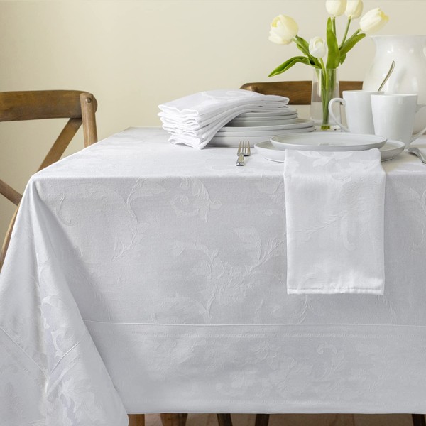 Benson Mills Harmony Scroll Woven Damask Fabric Tablecloth, Everyday, Parties, Special Occasions, Weddings and Holiday Table Cloth (60" X 144" Rectangular, White)