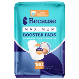 Because Maximum Incontinence Booster Pads, Adult Diaper Doubler Adds 2 Cups of Extra Absorbency, Discreet, Soft Leak Protection for Men & Women, Fits Inside Disposable Underwear, 180 Count