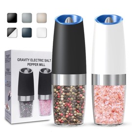 UNNEES Gravity Electric Salt and Pepper Grinder set of 2, Automatic Salt And Pepper Grinder Set, Adjustable Roughness, Battery Powered, LED Light, 2 Pack, (Black&White)