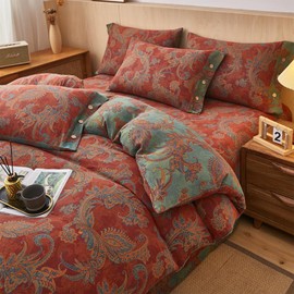 EAVD Vintage Boho Jacquard Floral Duvet Cover Queen Soft 100% Cotton Muslin Yarn-Dyed Textured Bedding Set with 2 Pillowcases Boho Floral Comforter Cover with Button Closure