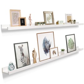 Picture Ledge Shelf for Wall [White, 60 Inch, 2 Pack] Narrow Floating Photo and Picture Shelves. Wooden Displaying Shelf with Lip for Nursery, Bedroom, Figures, Toys, Action Figure, Makeup, Jewellery