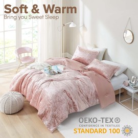 Comfort Spaces Juliette Luxe Comforter Set Velvet Lush with Soft Brushed Microfiber Reverse, All Season Cozy Velvet Bedding Sets, Fluffy Comforter Bed Set, Matching Sham, Blush King 3 Piece