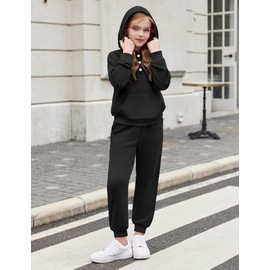 Arshiner Girls 2 Piece Outfits Fall Tracksuit Drop Shoulder Button Down Hoodie and Sweatpants Kids Jogging Set Black 6-7Y