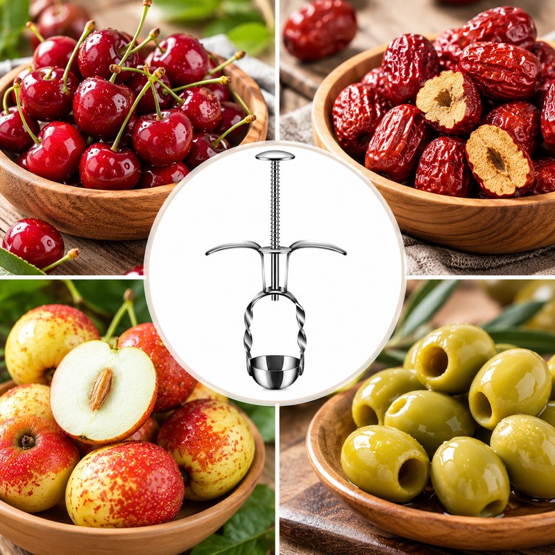 Stainless Steel Fruit Pitter for Cherries & Jujubes – Spring-Loaded