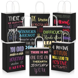 Berlune 24 Pcs Motivational Black Gift Bags with Handles Black Paper Bags Inspirational Quote Small Gift Bags Kraft Paper Gift Bags with Handles Black Goodie Bags for Retail, Business, Party Favors