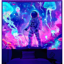 Onivein Blacklight Astronaut Jellyfish Tapestry UV Reactive Under the Sea Tapestry Neon Galaxy Space Tapestries for Bedroom Dorm Living Room Decor W59×H51