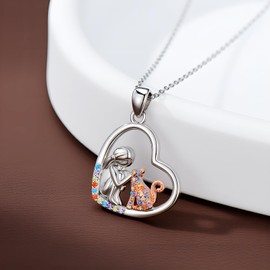 AOBOCO Cat Necklace for Girls 925 Sterling Silver Cat Heart Pendant Necklace for Women Daughter