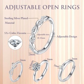 sawyofu Sterling Silver Adjustable Rings For Women 4pcs Cubic Zirconia 925 Silver Plated Wedding Stacking Rings Sets For Women Jewellery