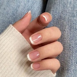 Natural White French Press On Nails - IKISKT Fashion Acrylic False Nails, Glue On Nails with Jelly Glue Sticker,Fit Perfectly & Natural Stick On Nails - 24PCS Soft UV Gel Fake Nails Kit