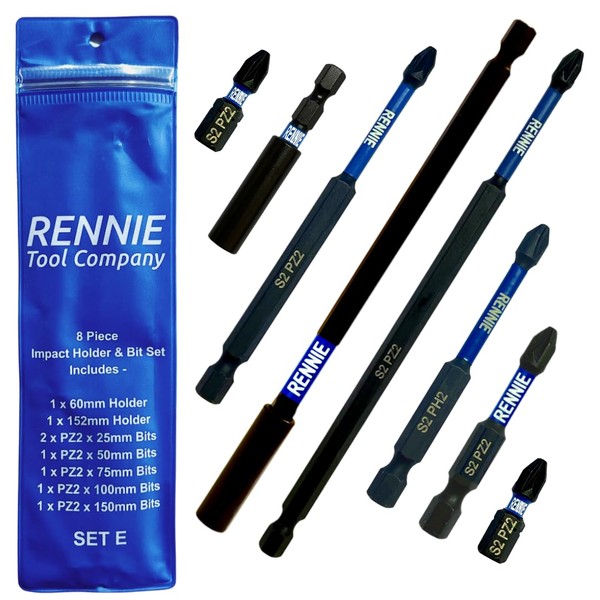 8 Piece Rennie Tool Magnetic 60mm and 152mm Professional Impact Bit Holders with 2 x 25mm Pozidriv PZ2 Screwdriver Impact Bits & 1 x 50mm/75mm/100mm/150mm Long Pozidriv PZ2 Screwdriver Impact Bit