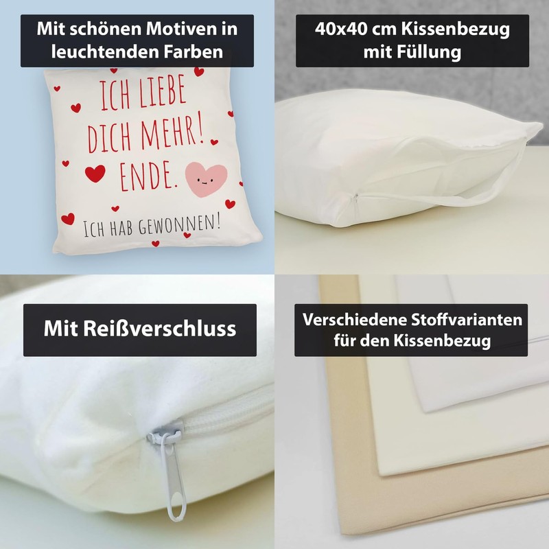 speecheese Herzen Kissen mit Spruch Ich Liebe Dich mehr! Ende.