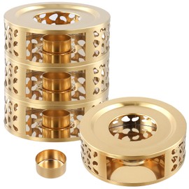 YUENPUN 4 PCS Teapot Warmer, Stainless Steel Teapot Warmer, Metal Teapot Heater with Tealight Candle Holder, Brushed Coffee Tea Warmer Base for Glass or Ceramic Teapot, Gold